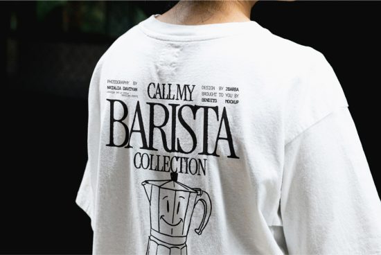 Back view of person wearing white t-shirt with printed text design mockup for barista collection, ideal for apparel designers.
