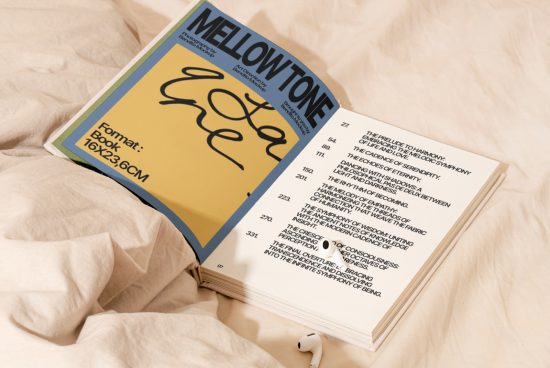 Open book mockup on beige fabric with creative cover design, suitable for presenting print templates and graphics to designers.