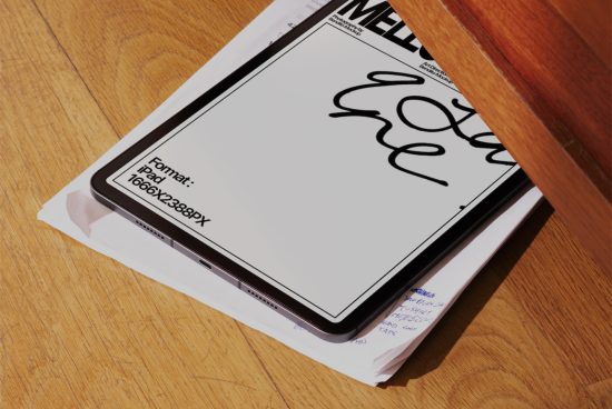 Digital magazine mockup on tablet displaying customizable script lettering atop a wooden surface, next to notes, ideal for presentation designs.