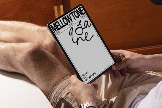 Person holding tablet showcasing Mellowtone script font on screen, ideal for font designers and typography presentations.
