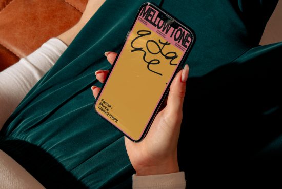 Woman holding smartphone with vibrant mockup design screen, showcasing font and color palette, ideal for presenting digital designs.
