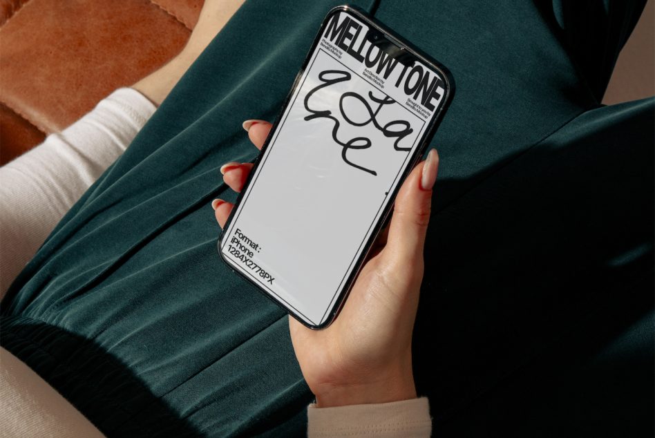 Woman holding smartphone with stylish font showcase, ideal for Mockup presentations, digital design, modern typography display.