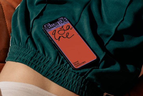 Smartphone mockup with vibrant screen on green fabric for digital asset design, showcasing font and style options with realistic shadows and textures.