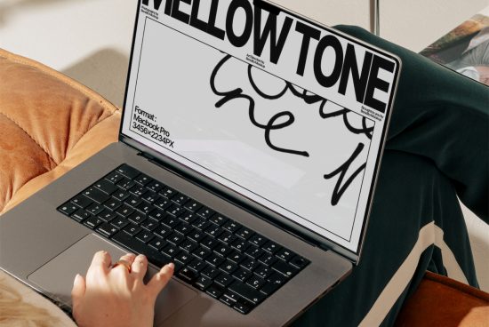 Laptop on cushion displaying script font mockup, design asset for branding, modern calligraphy font preview, digital designer's toolkit.