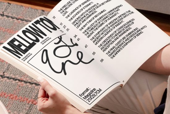 Close-up of a magazine mockup with bold typography design, showcasing a creative font style on a printed page held by person.