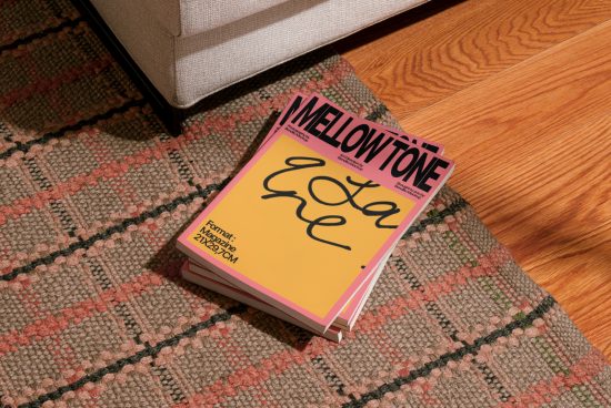 Magazine mockup on a patterned rug beside a sofa, bold typography design on cover, realistic shadows, print design presentation, graphic designers.