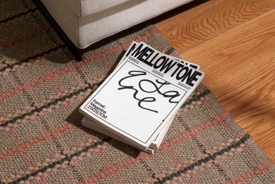 Magazine mockup on textured rug beside sofa, showcasing bold title design, ideal for presentations, graphic design visuals, and portfolio.