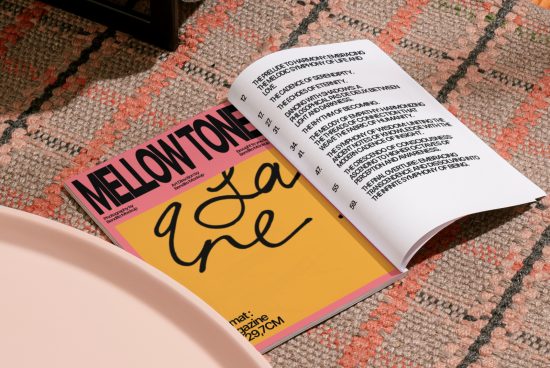 Open magazine mockup on textured rug showcasing bold fonts and editorial design, ideal for presentations in graphics and print design.