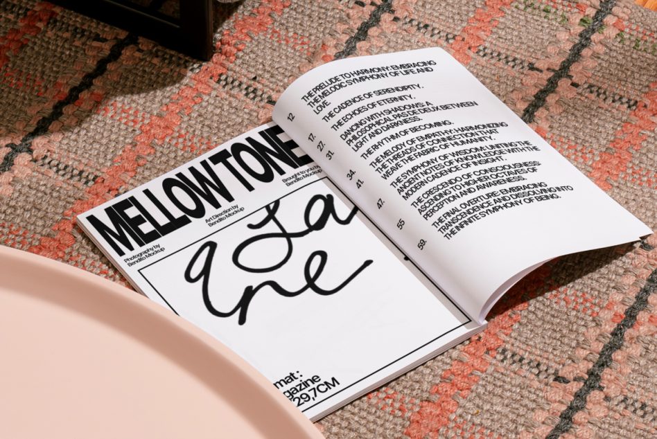 Open magazine mockup on textured rug displaying bold font and article layout, ideal for showcasing typography and editorial design.