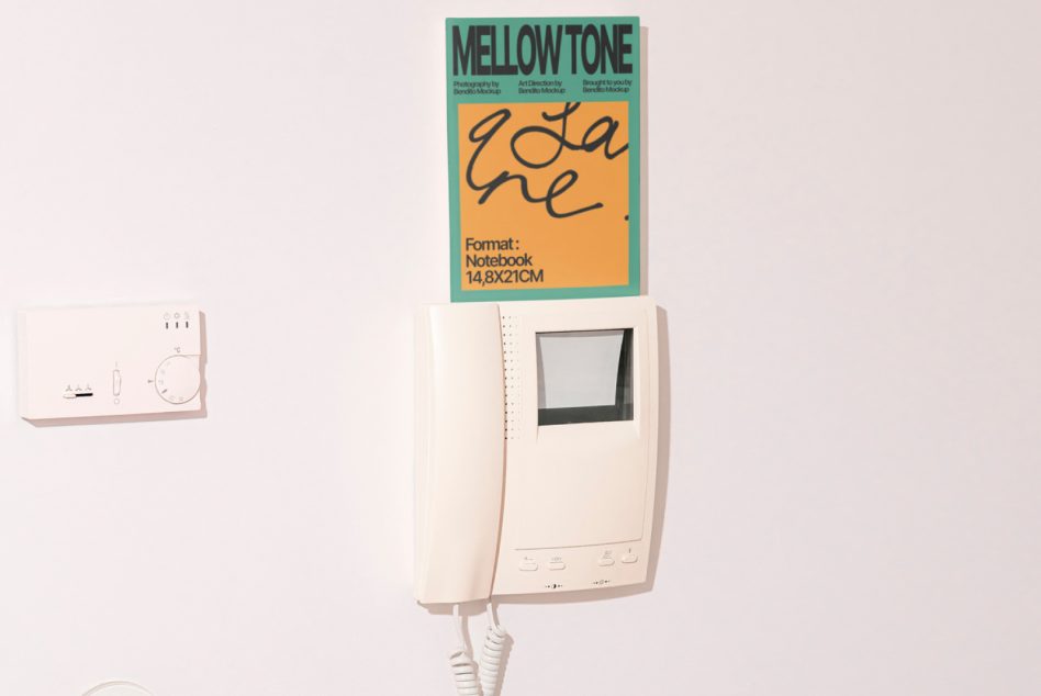 Mellow tone poster with turquoise border hung above cream intercom device