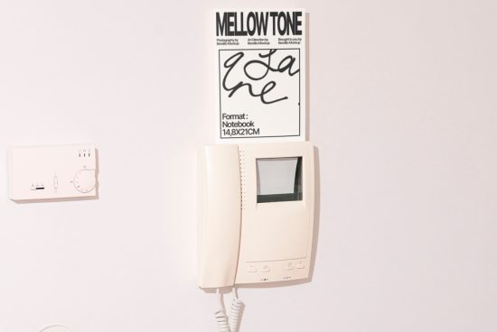 Cream-colored wall-mounted intercom system with a stylish poster mockup above, representing a modern interior design template.