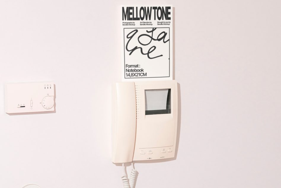 Mellow tone poster displayed on wall mounted intercom with light cord