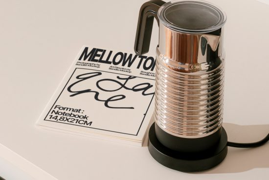 Elegant notebook mockup beside coffee maker, showcasing script font and minimalist design, ideal for graphic presentations and design portfolio.