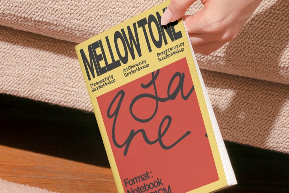 Hand holding yellow bordered notebook mockup with red cover section