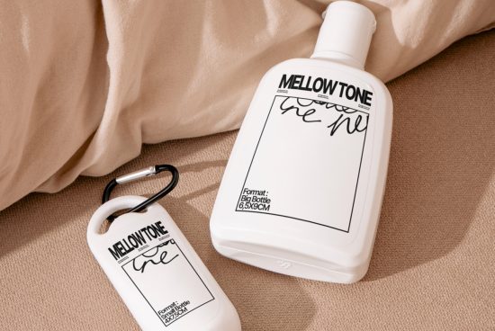 Cosmetic bottle and tag mockup on beige fabric, showcasing label design for beauty packaging, ideal for branding presentations in templates category.