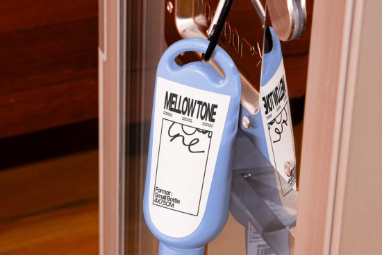 Blue door hanger mockup on a brown door handle, realistic presentation, graphic design asset for branding and advertising.