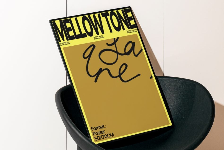 Neon yellow poster mockup on black chair, bold typography design