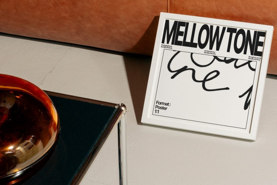 Mellow Tone poster with minimalist white background, square frame on wall