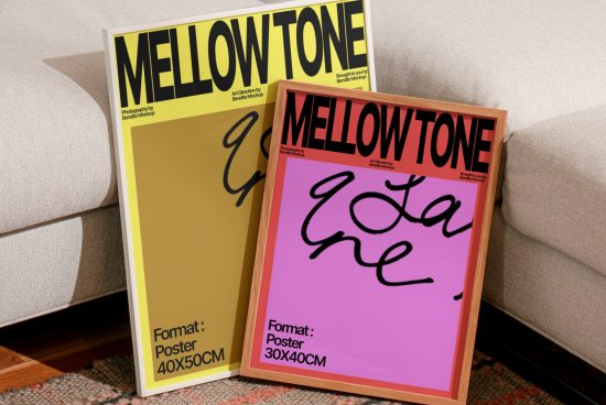 Two poster mockups leaning against a couch, one yellow with black text, one pink with cursive font, for design presentation.