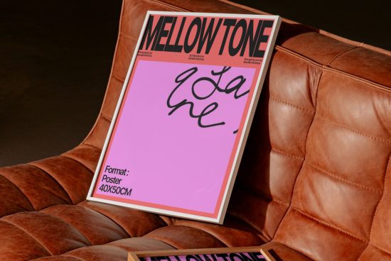 Modern poster mockup on leather chair, bright pink with script font, designer template display for portfolio, realistic interior setting.