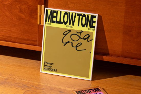 Mockup of a poster with typography design MELLOW TONE leaning against a wooden shelf, dimensions displayed, ideal for showcasing font and design work.
