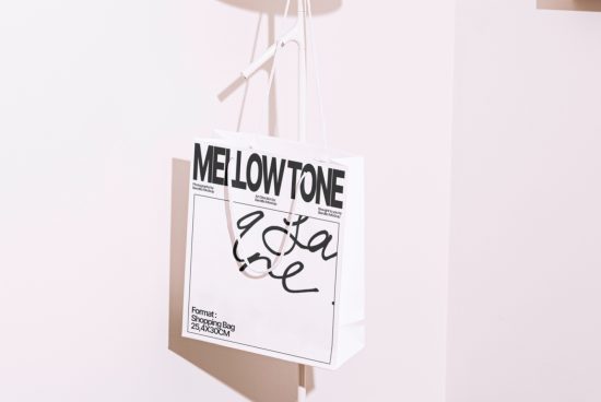 Shopping bag mockup graphic design with bold typography MELLOWTONE hanging against a plain wall in a minimalistic presentation suitable for designers.