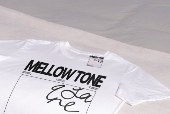 White t-shirt mockup with bold black typography design, lying flat, suitable for font and graphic display, ideal for designers.