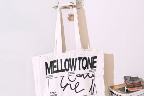 Canvas tote bag mockup hanging on a wall hook displaying bold typography design MELLOWTONE, ideal for presentations and design showcases.