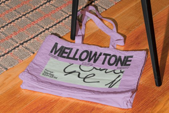 Lavender tote bag mockup on wood floor beside chair, with 'MELLOW TONE' design, graphic designers asset, textiles presentation, realistic.