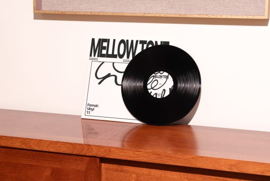 Vinyl record mockup leaning on wooden cabinet with album cover, modern design, ideal for music branding presentations, graphics display.