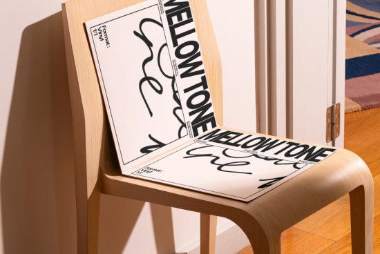 Elegant script font showcased on posters resting on wooden chair, stylish interior setting, ideal for font design presentation.