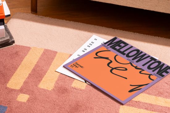 Modern magazine mockup with bold typography design, resting on a patterned carpet for graphic and print template showcase.