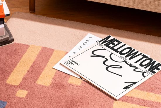 Elegant magazine mockup on patterned rug, showcasing custom fonts and modern design - ideal for template and graphics display.