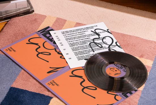 Retro vinyl record and magazine mockup on textured carpet, great for music-themed graphic design and presentations, with vivid colors.
