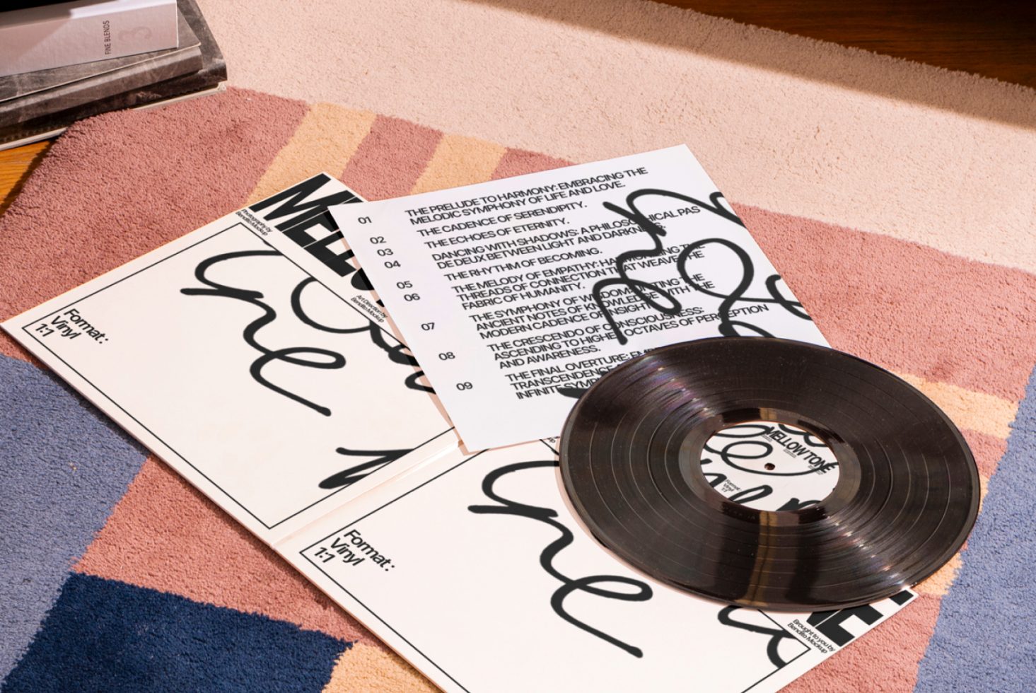 Vinyl record on patterned carpet with sleeve design mockups, showcasing bold typography and modern layout, ideal for graphic and template designers.