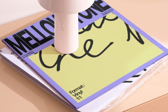 Magazine cover mockup on table under stylish lamp, showcasing modern font design and vibrant colors. Ideal for designers presenting print templates.