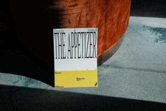 Elegant font design book "THE APPETIZER" leaning on an orange velvet chair casting a shadow, modern graphic design inspiration.