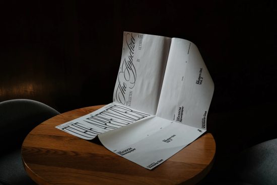 Elegant calligraphy font showcase on paper mockup set on a wooden table, dimly lit for a sophisticated design presentation.