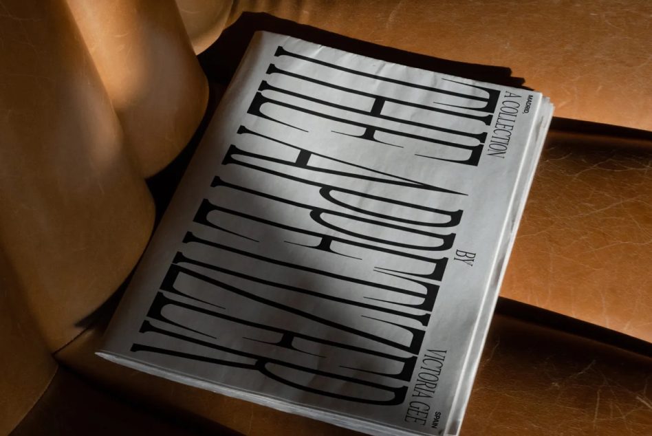 Magazine displaying striped text layout on wooden stairs with natural shadows