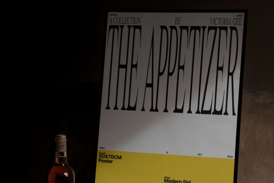 Dark and stylish poster mockup featuring bold typography design 'THE APPETIZER' by Victoria Gee, ideal for presentations and portfolio display.