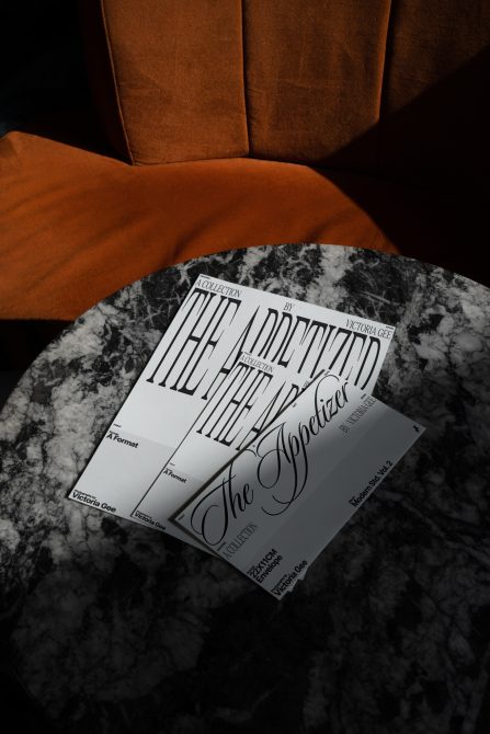 Fanned booklets on marble surface next to rust colored velvet chair
