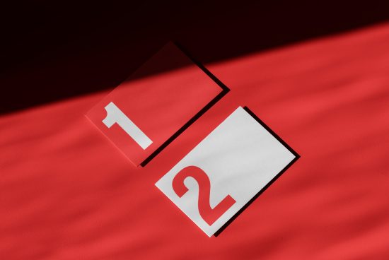 Red background with numbers 1 and 2, casting shadows, for mockup or graphic design template use, dynamic and modern presentation.