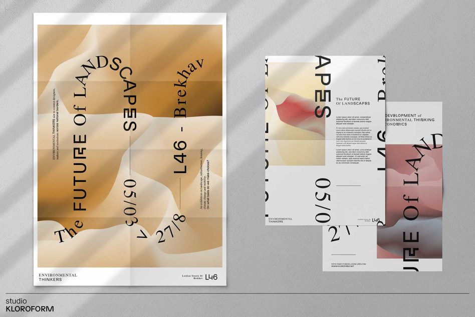 Poster mockup set with golden cream shapes overlaid on abstract backgrounds