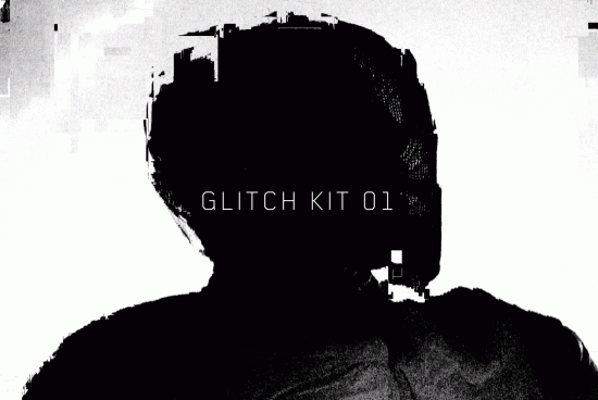Silhouette of a person with digital glitch effect, titled GLITCH KIT 01, for graphic design assets in black and white.