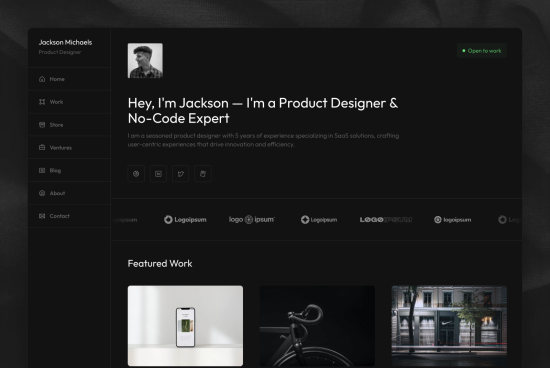 Professional website template showcasing a product designer portfolio with mockups, featuring work samples, personal photo, and contact info.