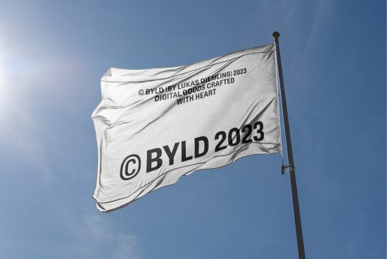 White branded flag mockup on a pole with a clear sky, for graphic designers to display logos, branding, and advertisements.