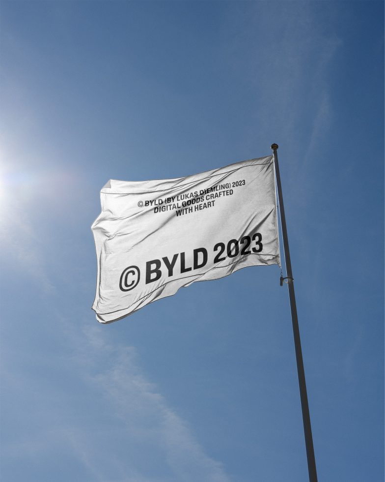 White flag mockup with clear blue sky, fluttering on pole displaying custom design text, ideal for branding presentations.