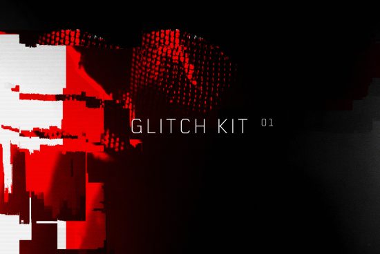 Abstract digital glitch effect overlay graphic, titled Glitch Kit 01, with distorted red and black pixels for creative design projects.
