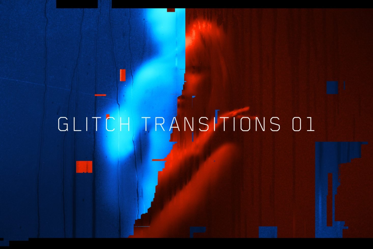 Digital Glitch Transitions Pack with vibrant blue and red distortion effects for video editing and graphic design projects.