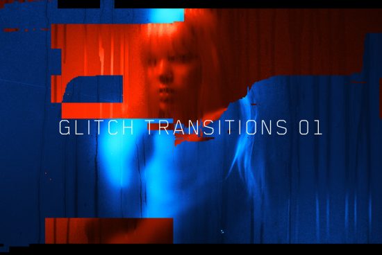 Dynamic glitch transition effect with vibrant blue and red overlays for video editing, suitable for designers creating engaging visuals.